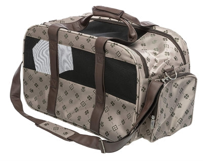 Trixie Draagtas Maxima beige/bruin hondendraagtas met jacquard print, ventilatie, en verstelbare schouderriem.