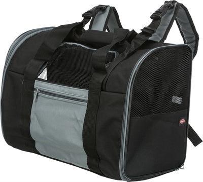 Trixie Rugzak Connor black and gray dog carrier with adjustable straps, mesh ventilation, and front pocket.