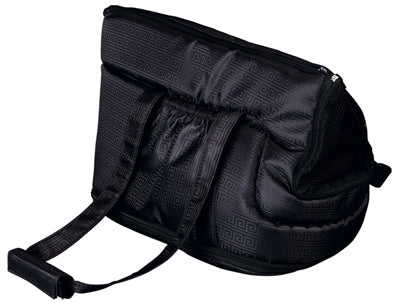 Trixie Hondentas Riva Zwart with foam padding, mesh inserts, and integrated leash holder, size 26X30X45 cm.