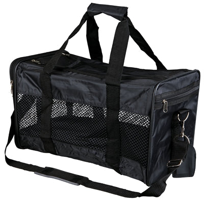 Trixie Ryan black pet travel bag with adjustable shoulder strap and mesh ventilation.