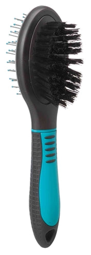 Trixie double-sided dog brush with metal pins and nylon bristles, black and blue.