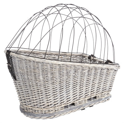 Trixie Fietsmand Bagagedrager in lichtgrijs wilgentenen met veiligheidsrooster.
