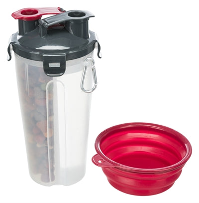 Trixie waterfles en voerfles met reisbak kunststof silicone, ideaal voor reizen en wandelingen.