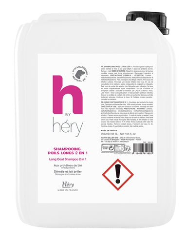 Hery H By Hery Shampoo Hond Voor Lang Haar 5L - Nourishing shampoo for long-haired dogs with wheat proteins for shiny, tangle-free coat and honey scent.