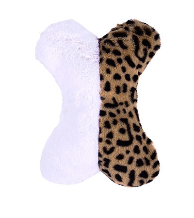 Soft plush dog bone toy by Sazzz with squeaker, safe non-toxic materials.