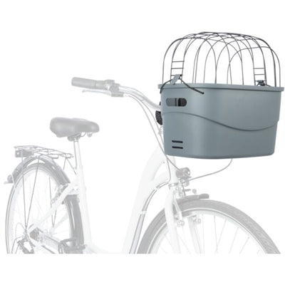 Trixie Stuur-Fietsmand Kunststof Grijs 42X30X39 cm attached on bike handlebars with safety cover.
