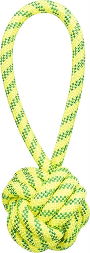 Trixie Aquatoy floating polyester rope toy with ball in yellow and green for dogs.