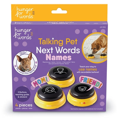 Hunger For Words Talking Pet Next Words Names set with customizable speech buttons and stickers.