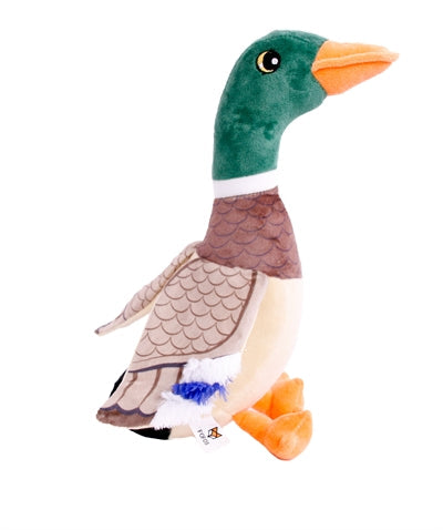 Plush dog toy in the shape of a wild duck with various textured fabrics, Fofos Wilde Eend.