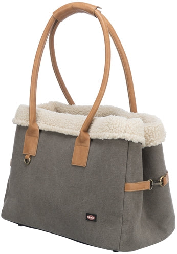 Trixie Hondentas Rachel in grey and light brown with plush insert and handles for carrying small dogs.