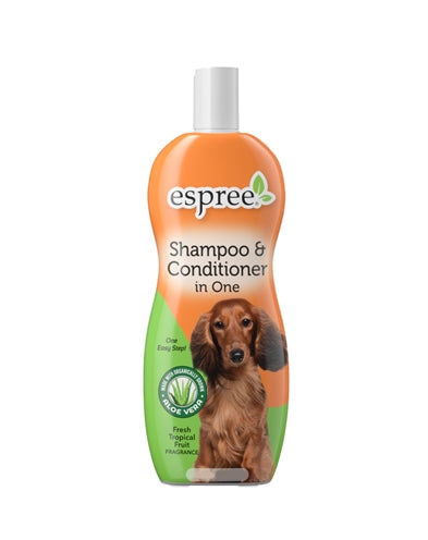 Espree Shampoo En Conditioner 2 In 1 for dogs, 355 ml, with Aloe Vera, promotes soft and shiny coat.