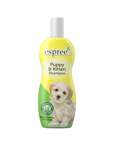 Espree Shampoo Puppy En Kitten 355 ml bottle with aloe vera for gentle cleaning and fluffy coat.