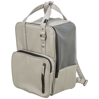 Light grey Trixie pet backpack and carrier with stable design, insect protection mesh, and storage pockets.