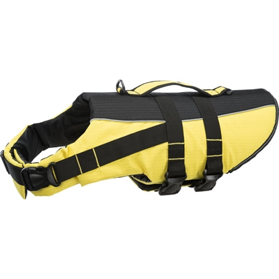 Yellow and black Trixie dog life jacket with adjustable straps and rescue handle.